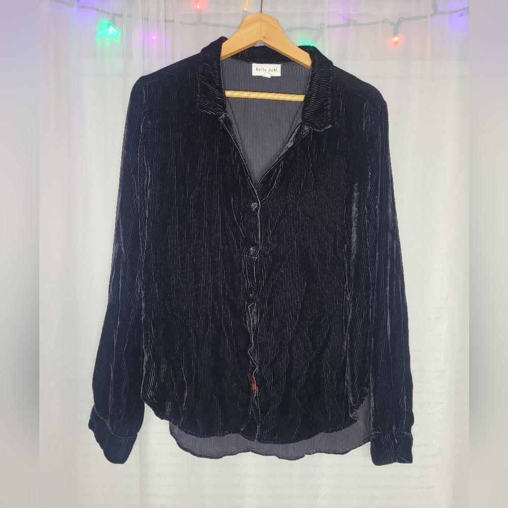 Bella Dahl Velvet Silk Blend Button Down Shirt Large Black Quiet Luxury